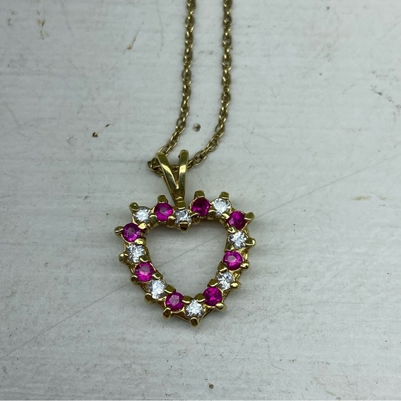Gold Vermeil PPC 925 Sterling Heart Necklace With Synthetic Ruby And CZ Stones - Picture 3 of 10